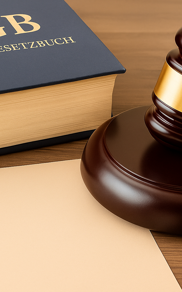 Braunes Richterhamm, Gesetzbuch und ein leeres Blatt Papier auf einem Tisch.