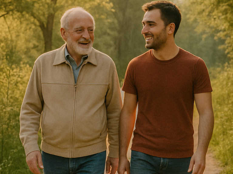 Ein älterer Mann und ein jüngerer Mann gehen lächelnd einen Waldweg entlang.