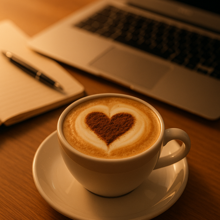 Tasse mit Cappuccino und Herz-Muster, Laptop und Notizblock im Hintergrund.