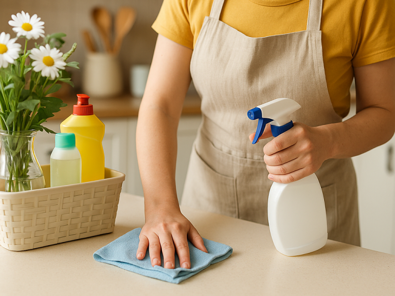 Eine Person mit einem Spray und einem Tuch reinigt eine Küchentheke. Blumen im Hintergrund.