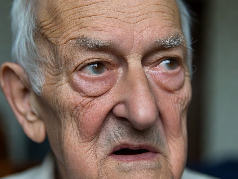 Älterer Mann sitzt lächelnd, während eine Pflegerin freundlich mit ihm spricht.
