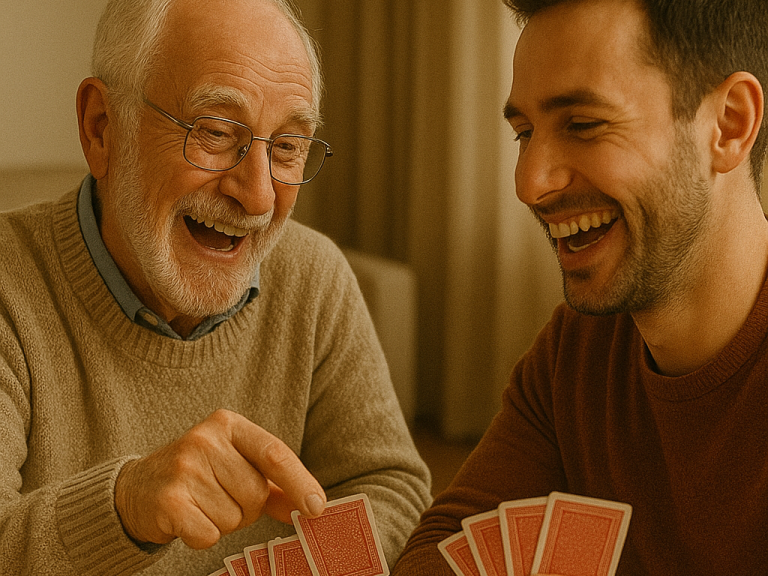 Ein älterer Mann und ein junger Mann lachen beim Kartenspielen zusammen.