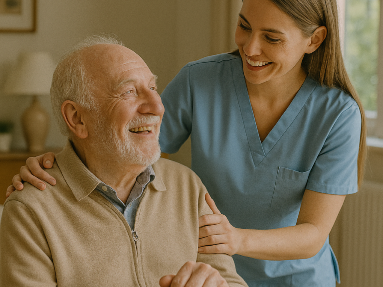 Älterer Mann sitzt lächelnd, während eine Pflegerin freundlich mit ihm spricht.